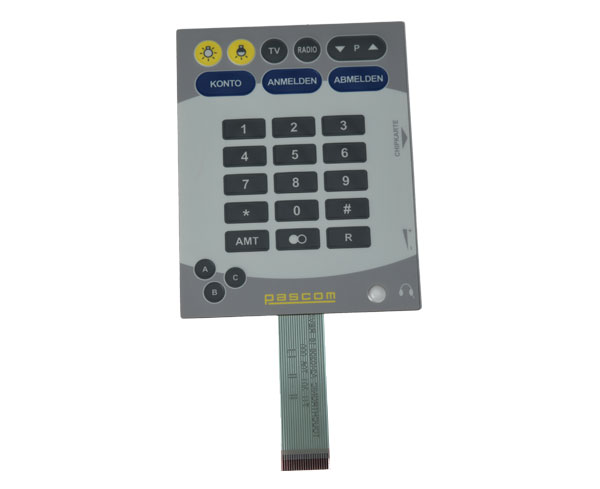 Membrane switch is an operating system that integrates key functions, indicators and dashboards. It consists of four parts: panel, upper circuit, isolation layer and lower circuit. When the film switch is pressed, the contacts of the upper circuit deform downward and make contact with the board of the lower circuit. After the finger is released, the upper circuit contact springs back, the circuit is disconnected, and the circuit triggers the signal. Membrane switch structure, beautiful appearance, good air tightness. It has the characteristics of long service life. Widely used in electronic communication, electronic measuring instruments, industrial control, automotive industry, intelligent toys, household appliances and other fields. The plastic substrate of 0.25mm and below is called film and is mainly used as the panel layer of film switch. Various indicative patterns and words are printed on the back, indicating the operation area corresponding to the open key position. Thickness selection should be based on the size of the panel and the button, thick material, tactile increase, slow response; Material is too thin, feel poor, rebound is not obvious. Thickness above 0.25mm is called sheet and is not suitable for 3d key forming. It can be used as an indicator panel for the keyless operation area and as a lining board for the film switch to improve its hardness.